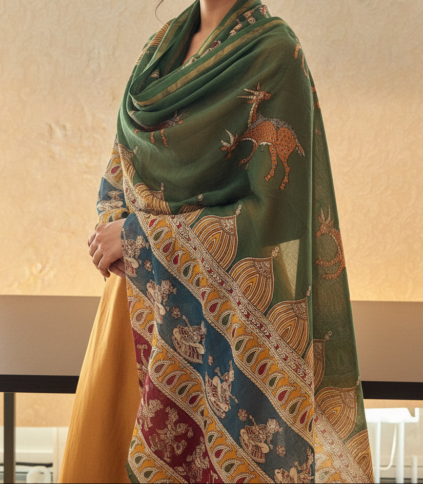 Green patterned scarf with Mata ni Pachhedi hand painted deer design draped over a person, against a neutral background.
