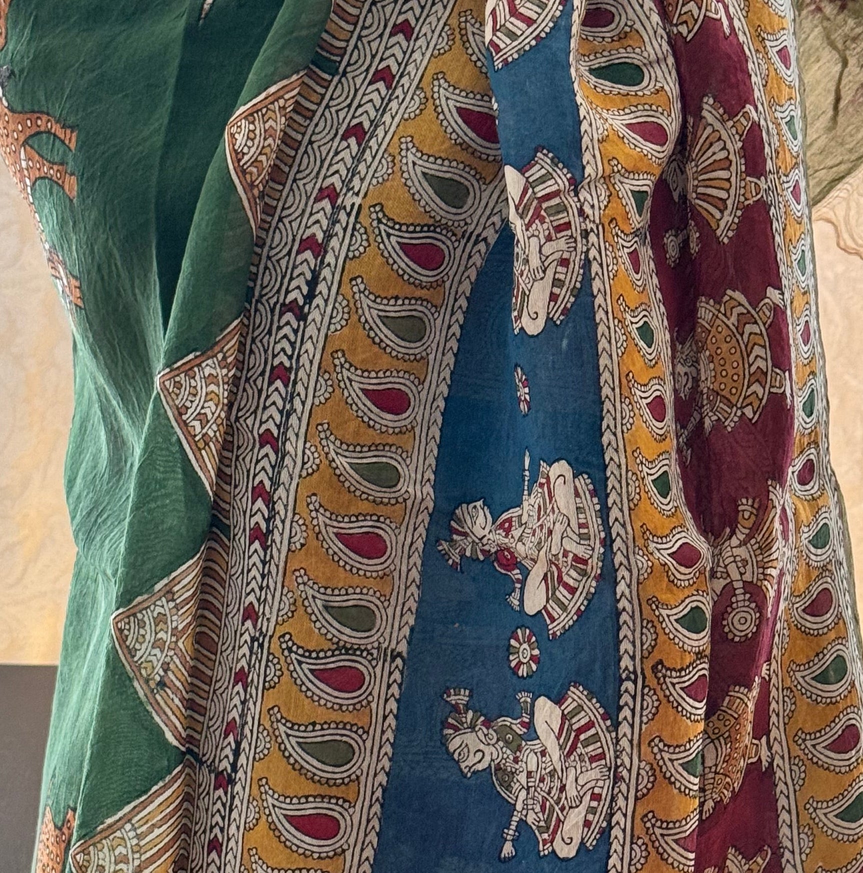Mata ni Pachhedi art hand painted on Cotton chanderi stole on a stand