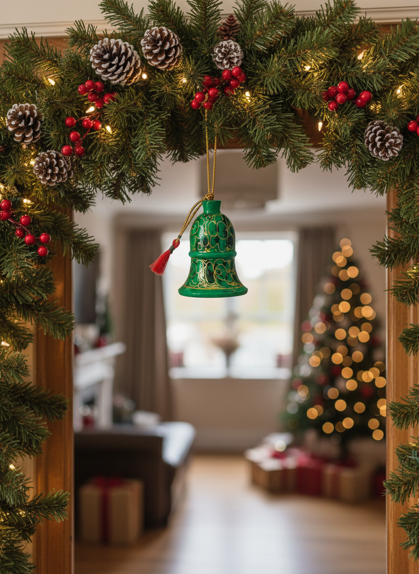 Decorative green bell ornament hanging from a Christmas garland with lights and pine cones.