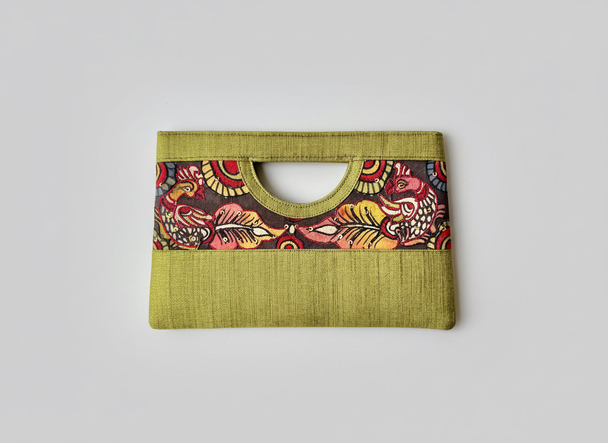 Green clutch with handpainted Kalamkari band