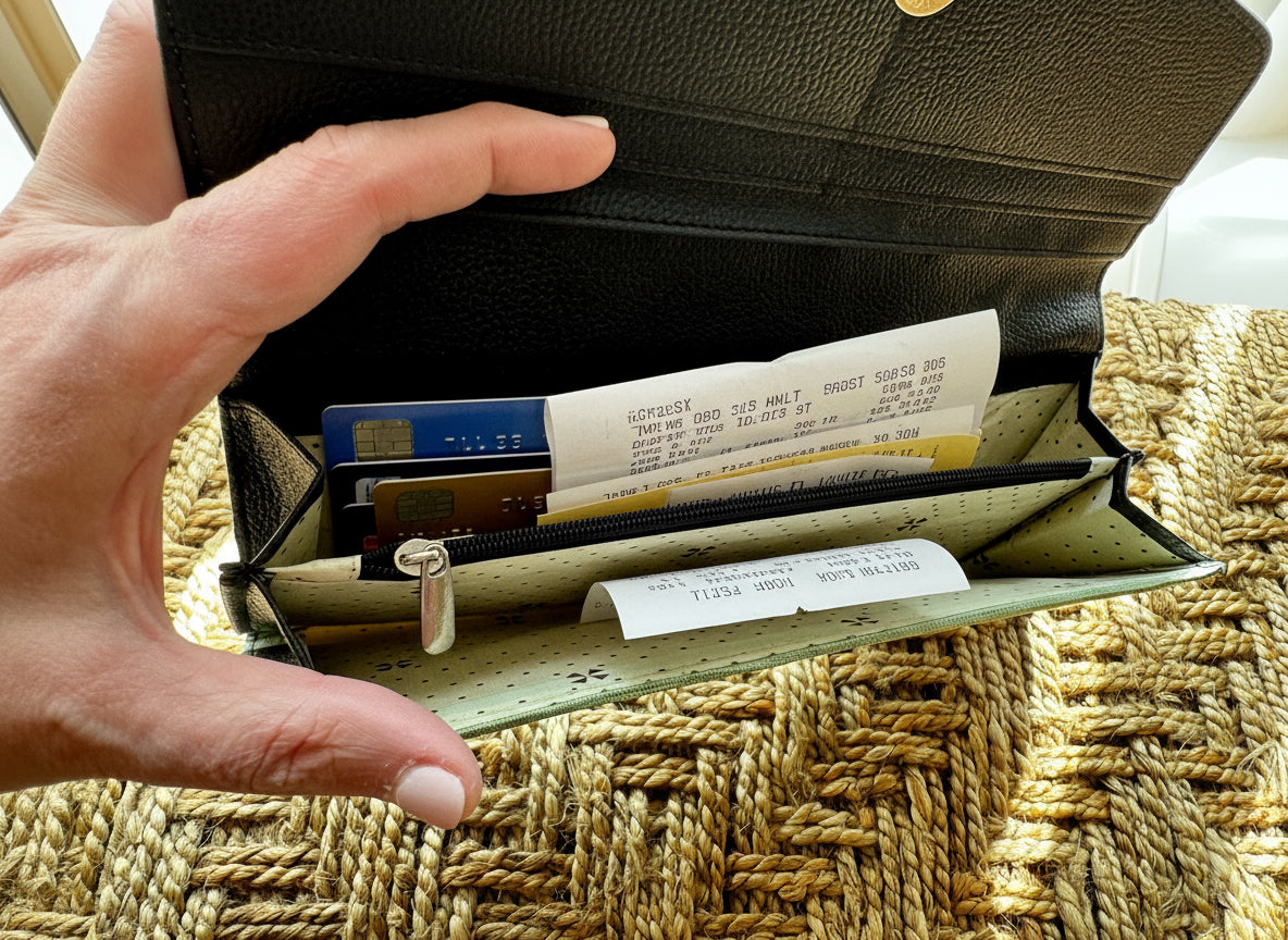 Hand holding an open black leather wallet with a textured surface on a woven mat background