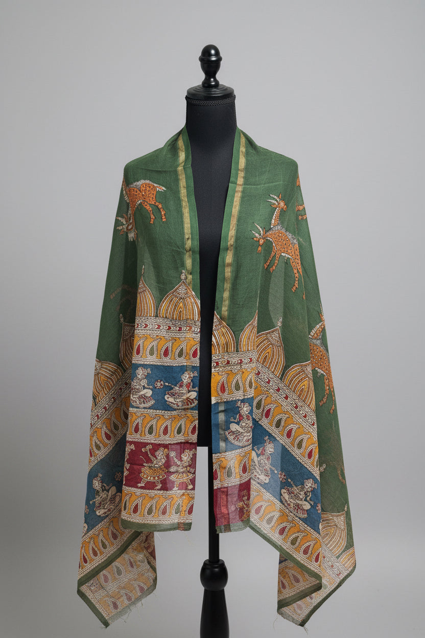 Decorative Mata ni Pachhedi art scarf with intricate patterns on a mannequin against a gray background