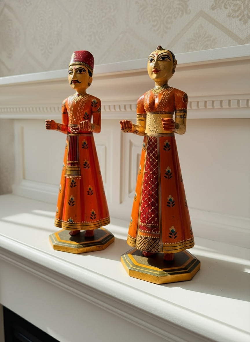 Two ornate figurines in traditional attire on a white surface with a decorative wall background.