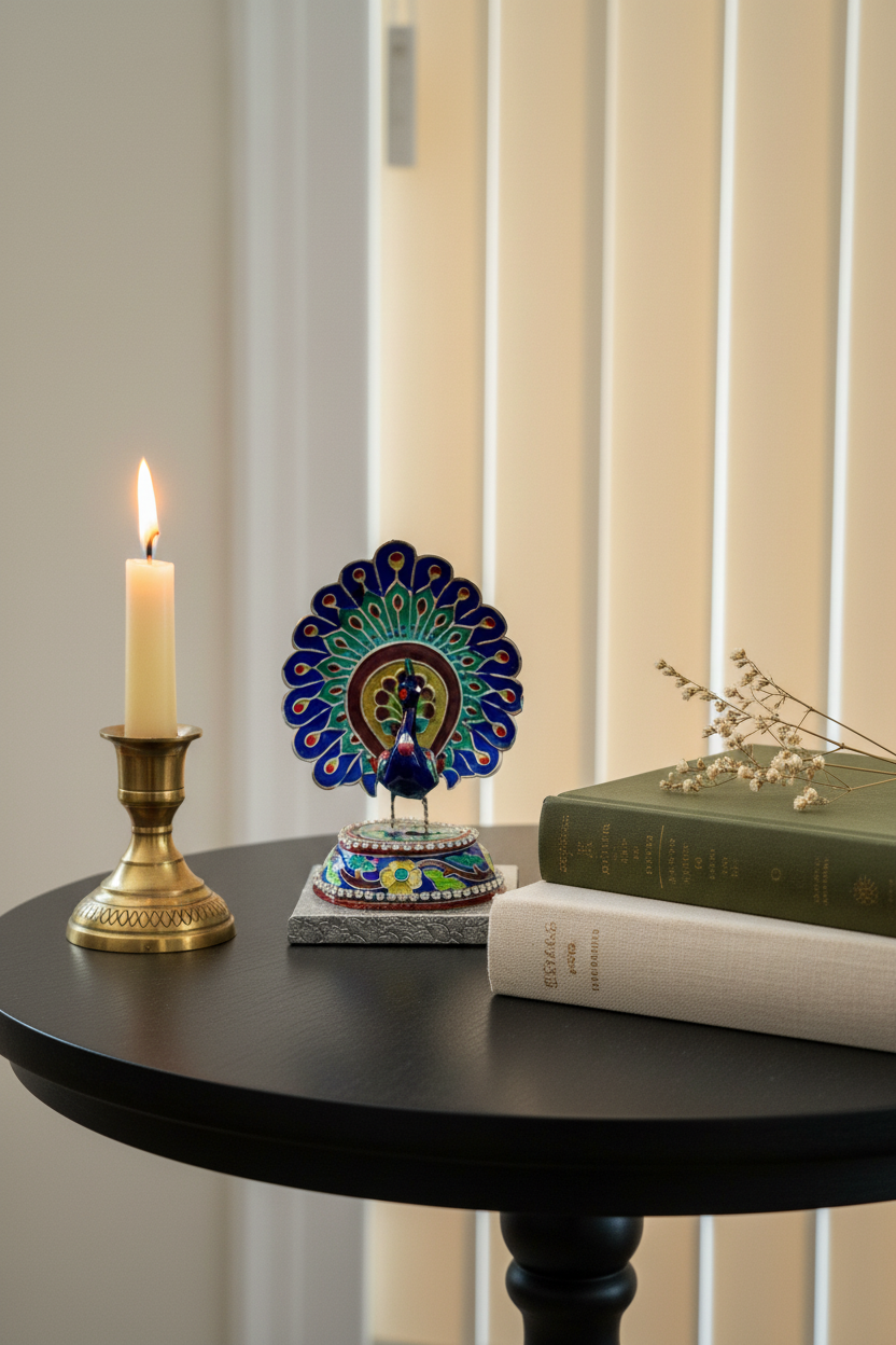 Decorative Gulabi Meenakari peacock figurine, candle, and books on a black table with a neutral background