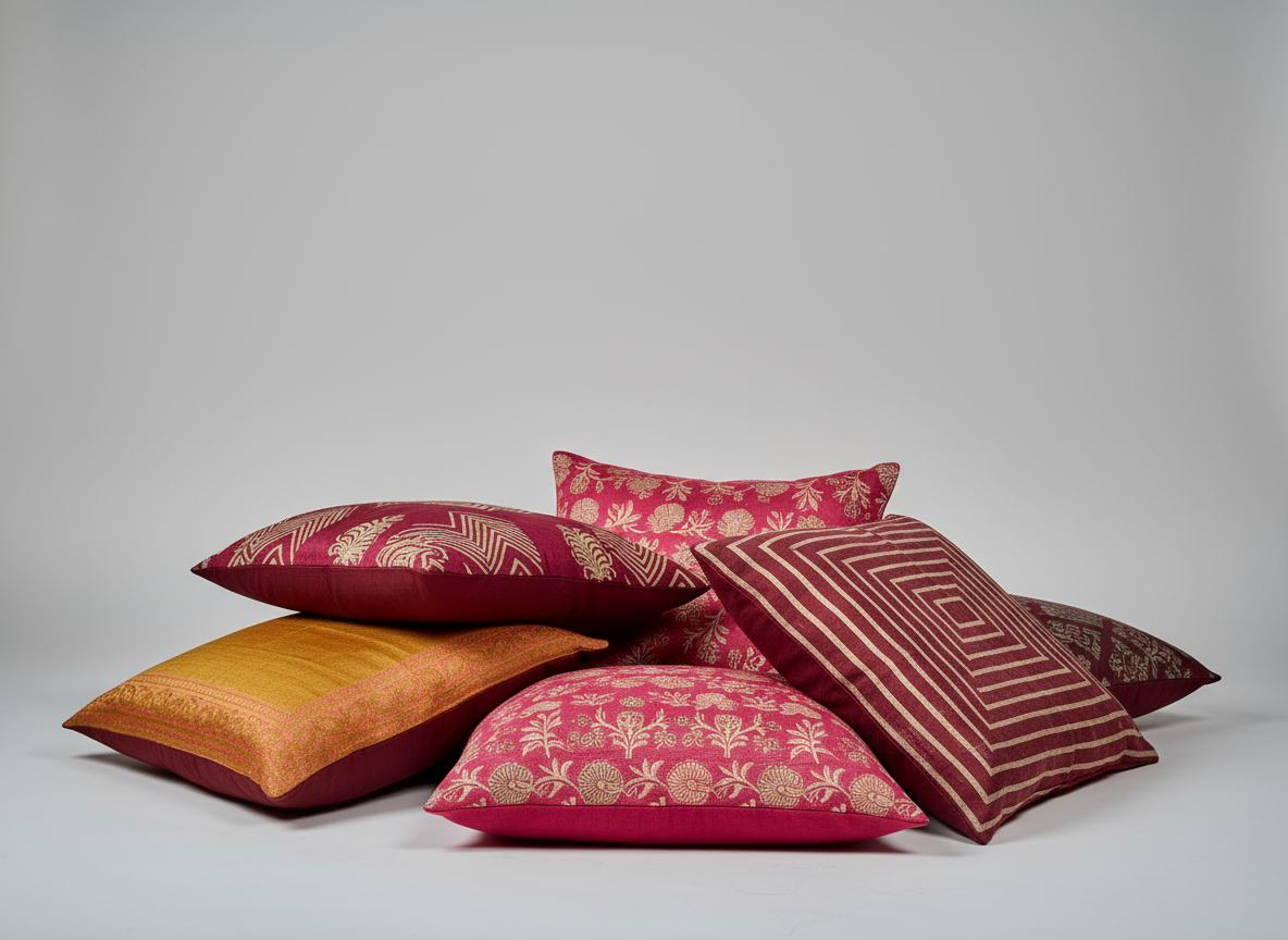 Colorful patterned pillows on a light gray background