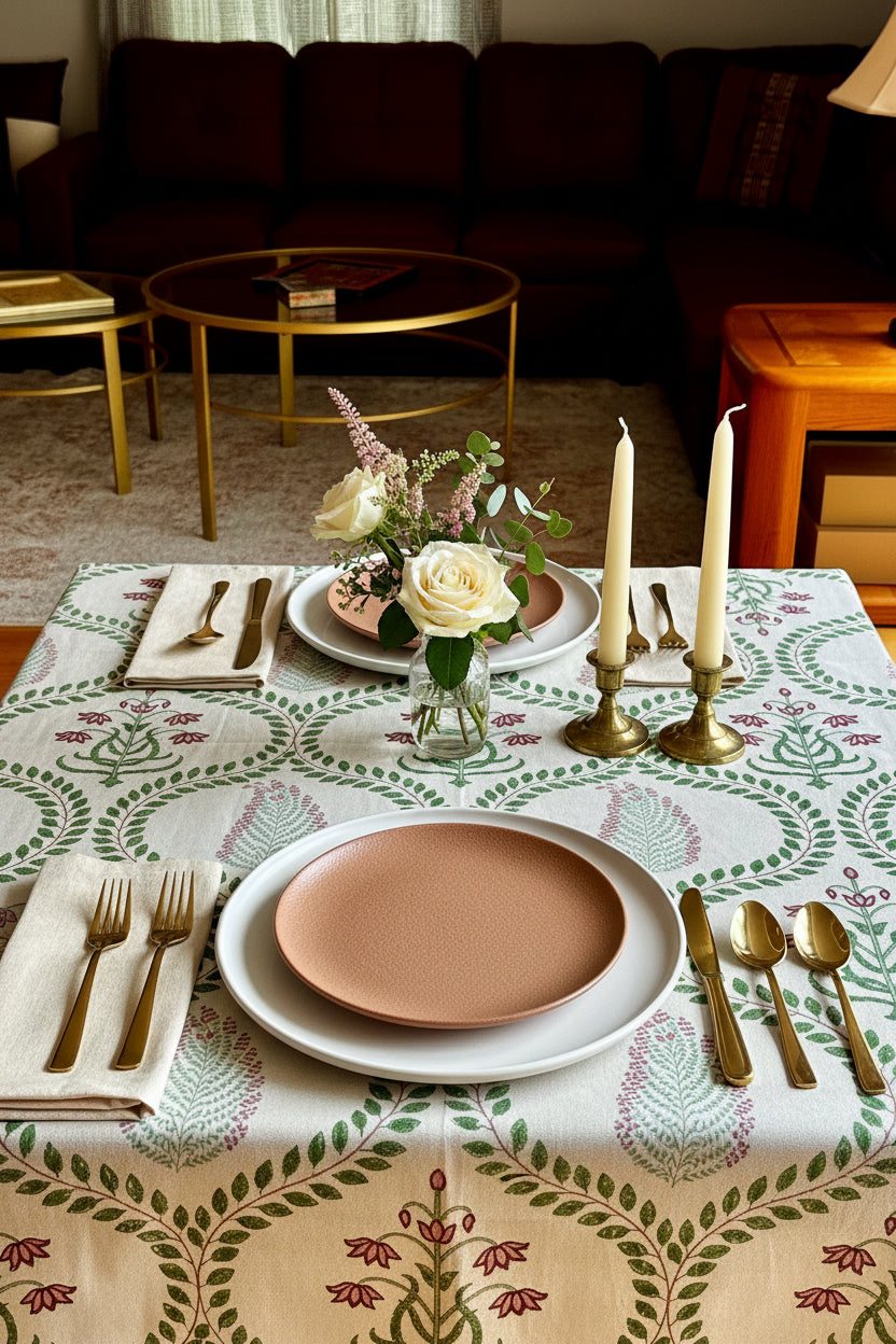 Dining table setting with floral centerpiece, plates, and cutlery on a hand block printed patterned tablecloth.