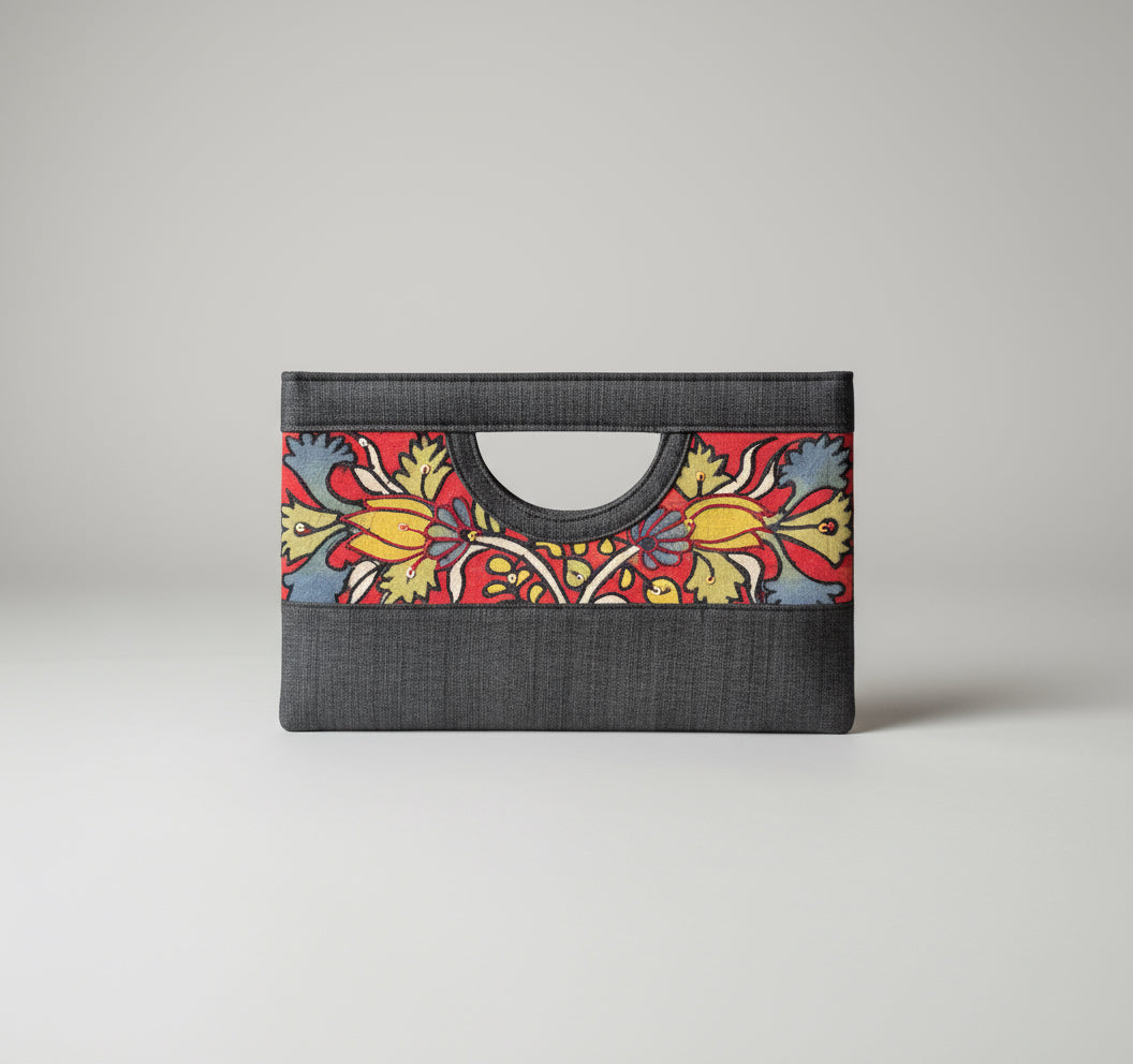 Black raw silk hand painted Kalamkari clutch bag