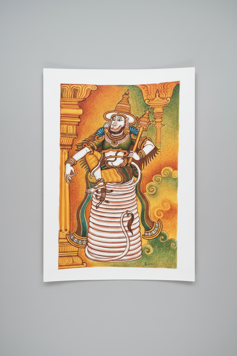Colorful Kerala Mural painting of Hanuman on a gray background