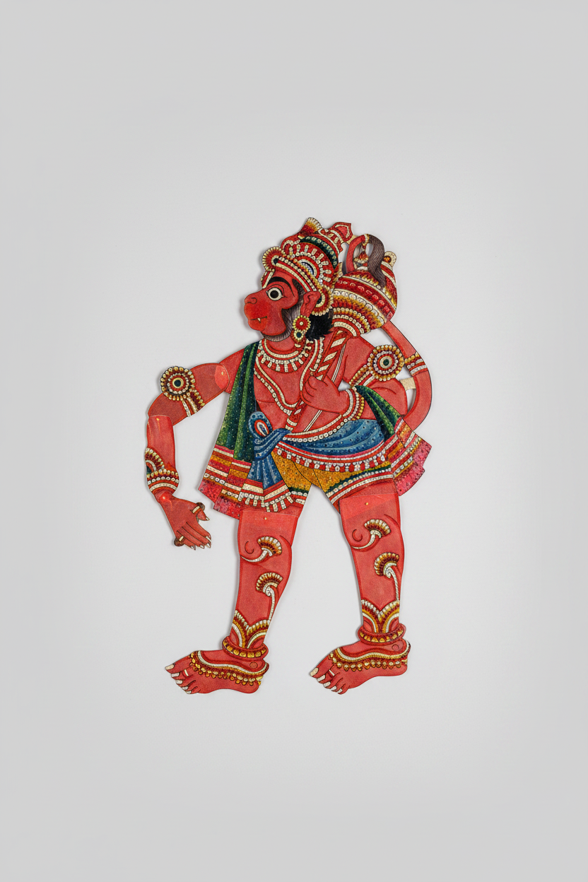 Colorful Tholu Bommalatha Hanuman puppet on a white background