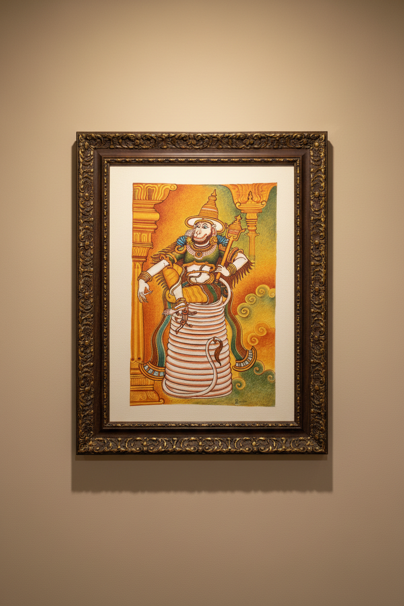 Framed Kerala Mural style artwork of Hanuman with intricate details on a beige wall