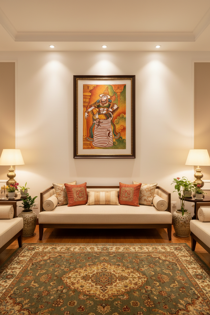 Living room with a sofa, decorative pillows, and a framed Kerala Mural Hanuman painting on the wall.
