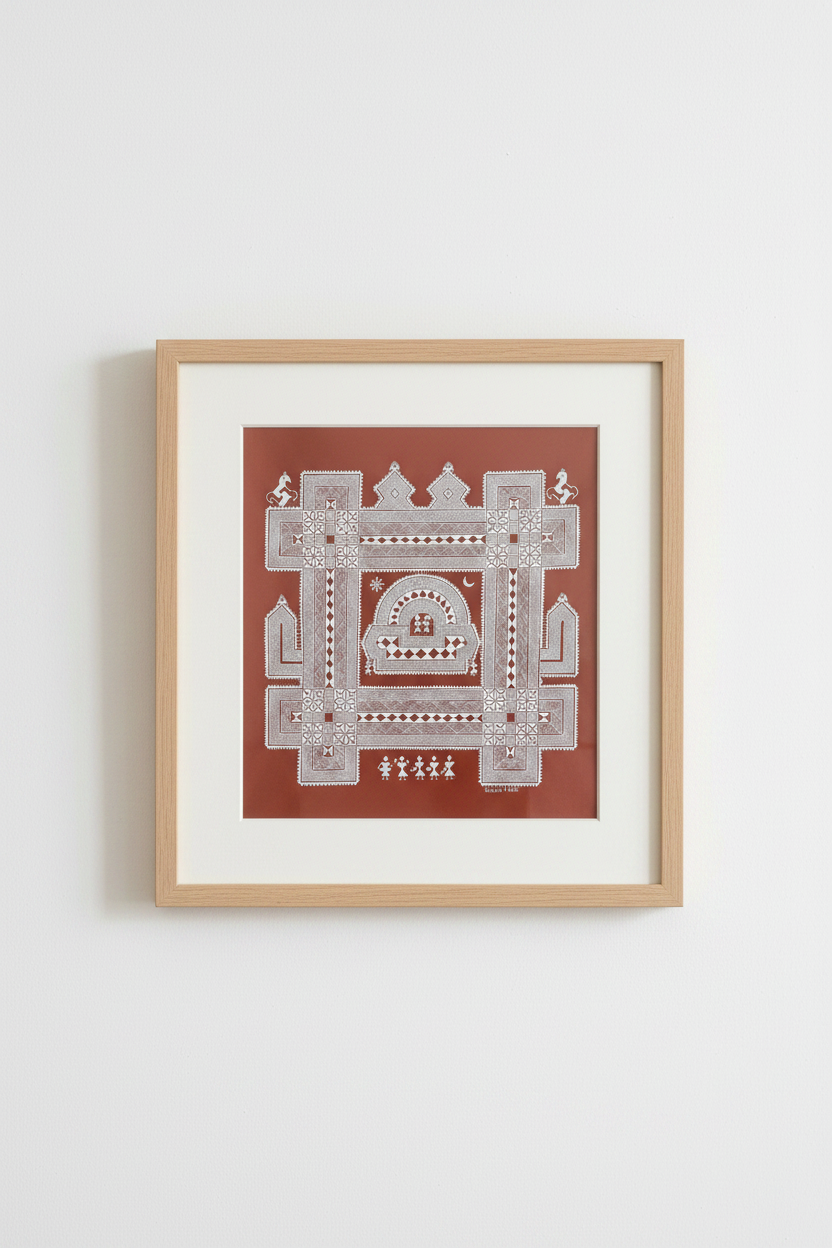 Framed Hasegode style Chittara artwork  with architectural design on a red background 