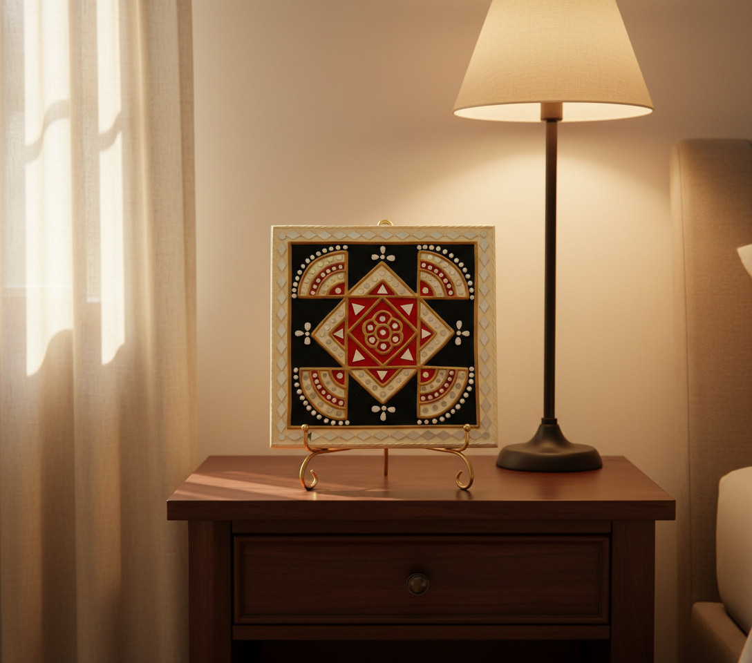 Decorative mosaic tile with geometric pattern on a dark background