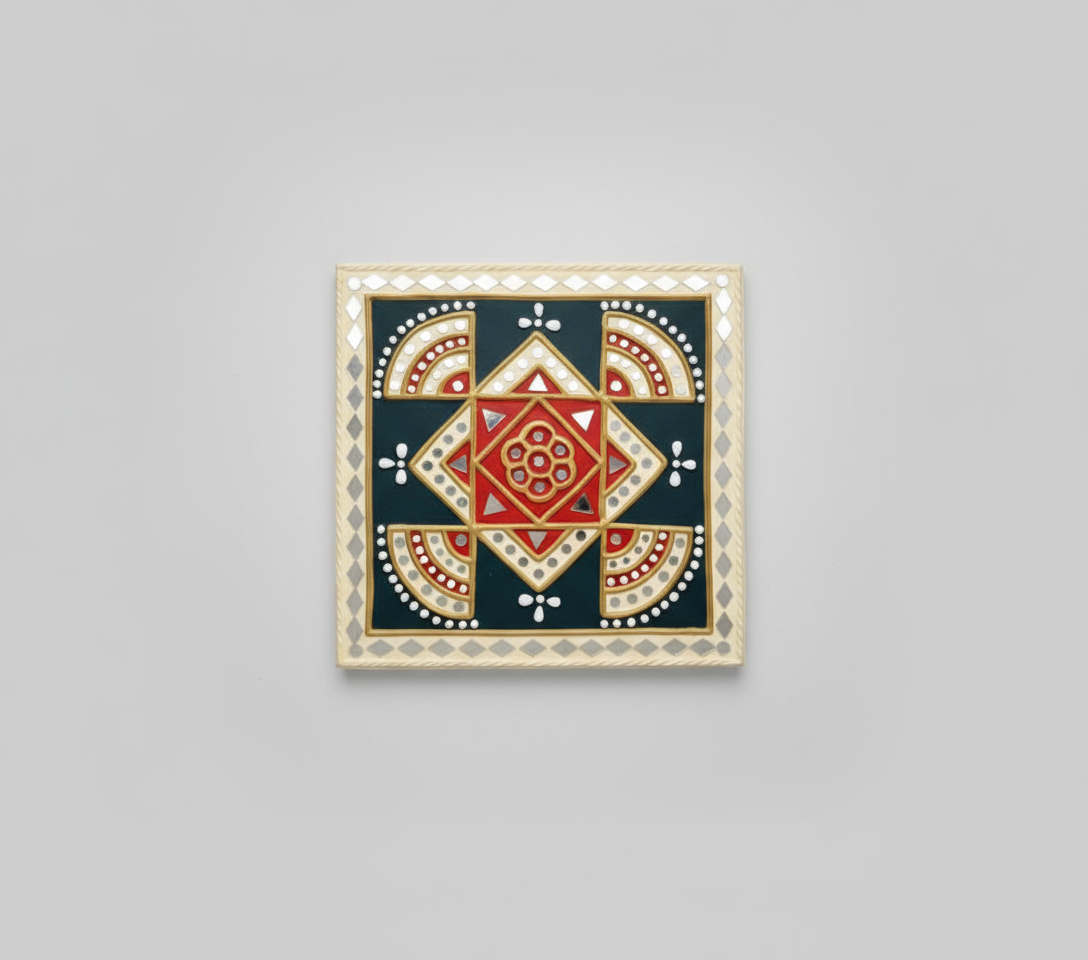 Decorative square tile with geometric pattern on a gray background