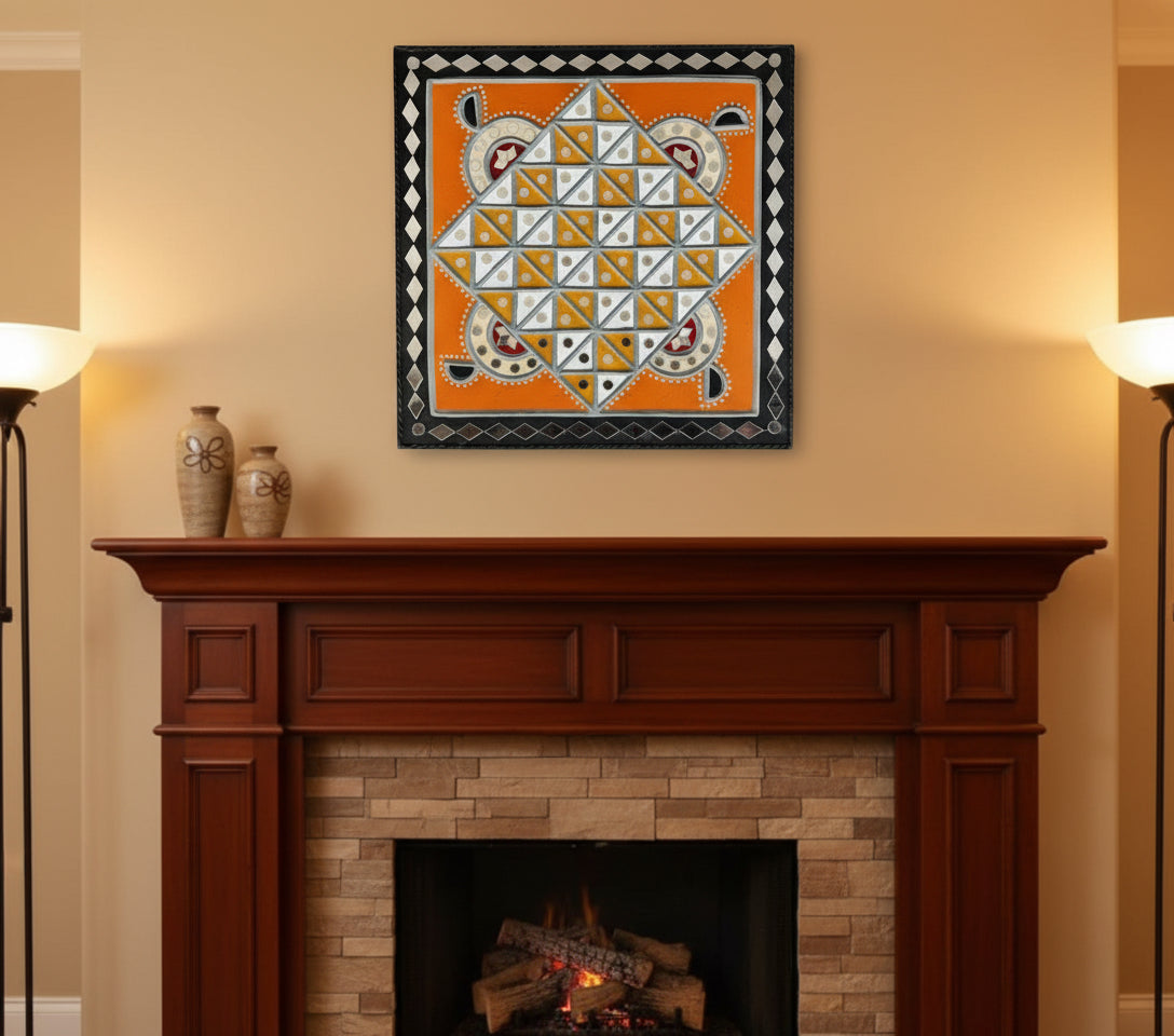 Decorative tile with geometric pattern on an orange background