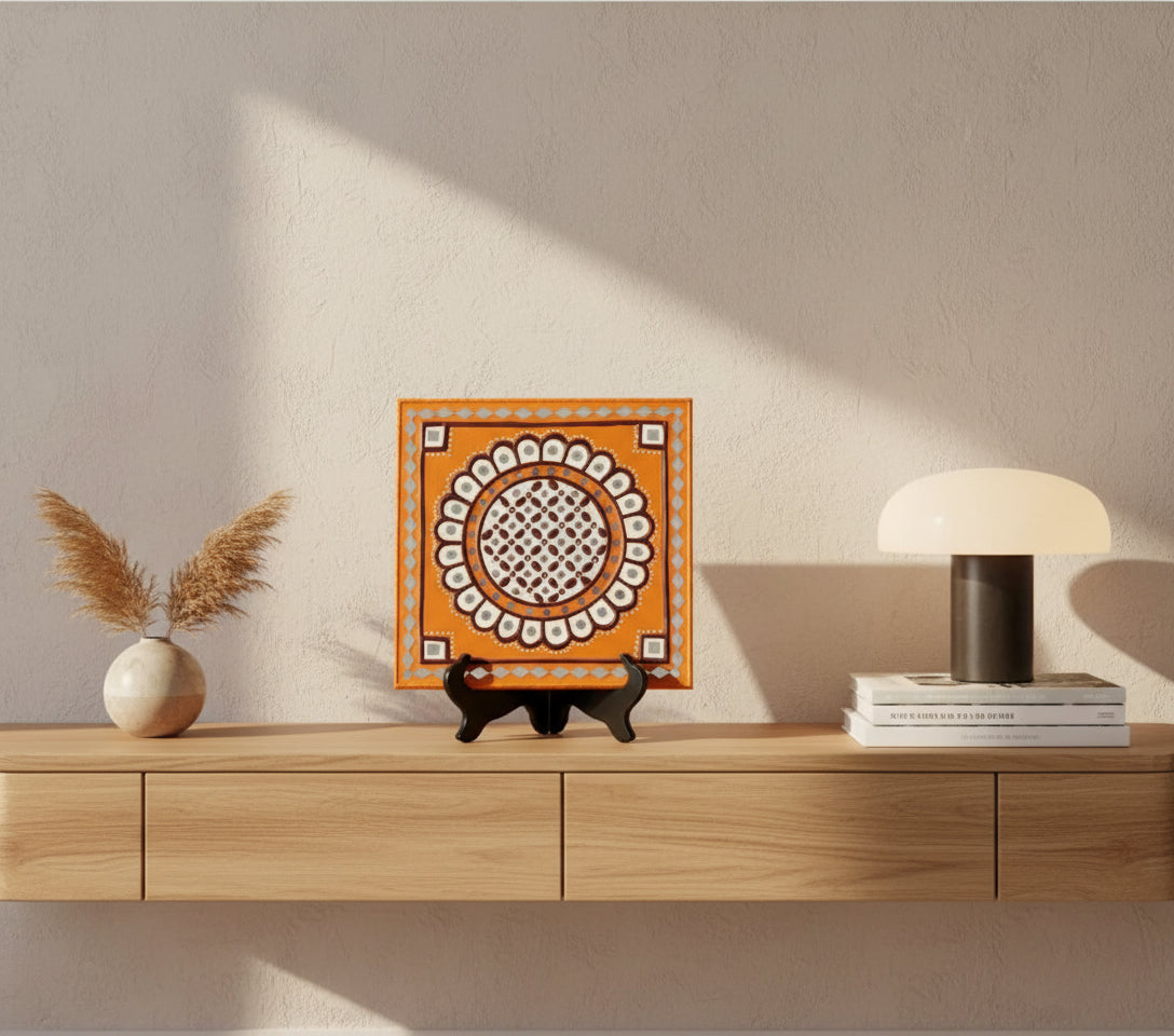 Decorative tile with a circular pattern on an orange background