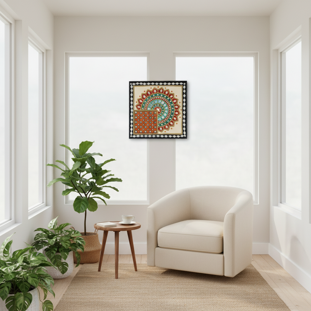 Modern living room with a beige armchair, small table, geometric wall decor and potted plants.