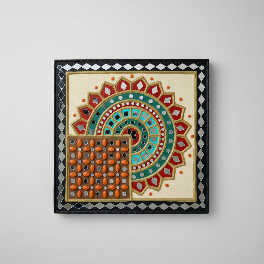 Decorative wall art with a colorful geometric pattern on a beige background