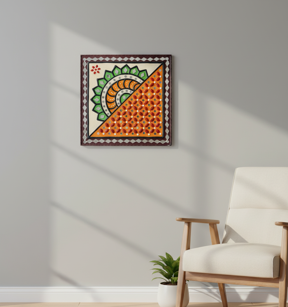 Decorative wall art with geometric design on a white wall above a chair.