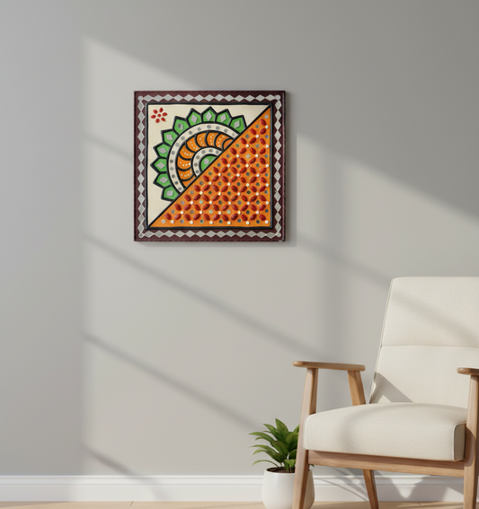 Decorative wall art with geometric design on a white wall above a chair.