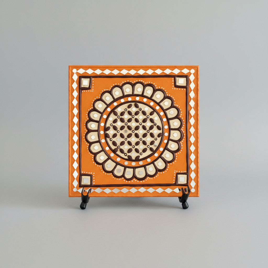 Decorative tile with a geometric pattern on an easel against a gray background
