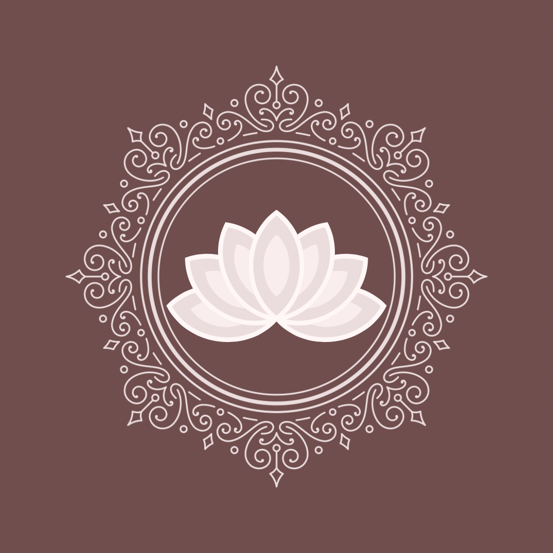 White lotus flower in a decorative circular frame on a brown background