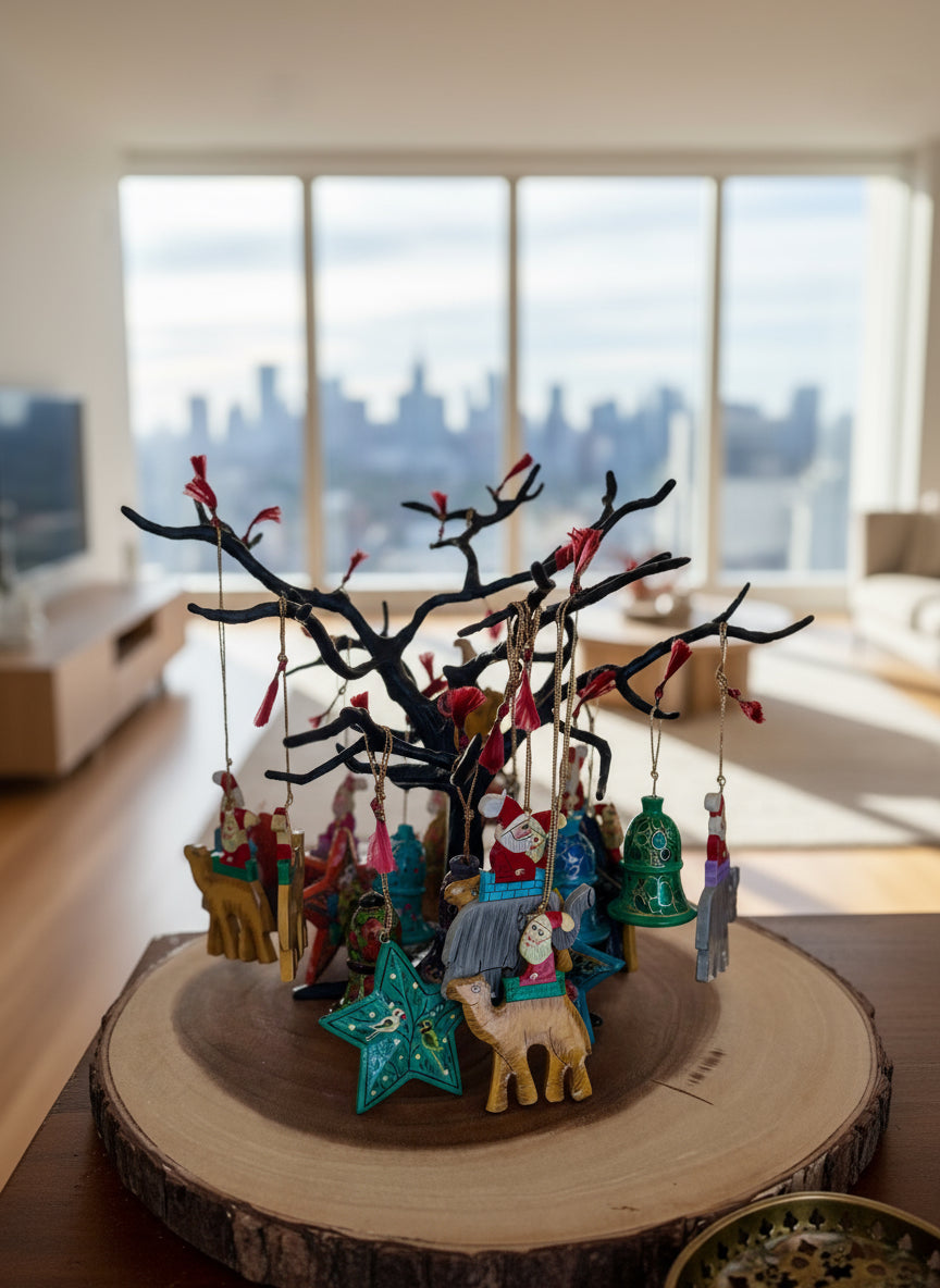 Decorative tree with small ornaments on a wooden surface