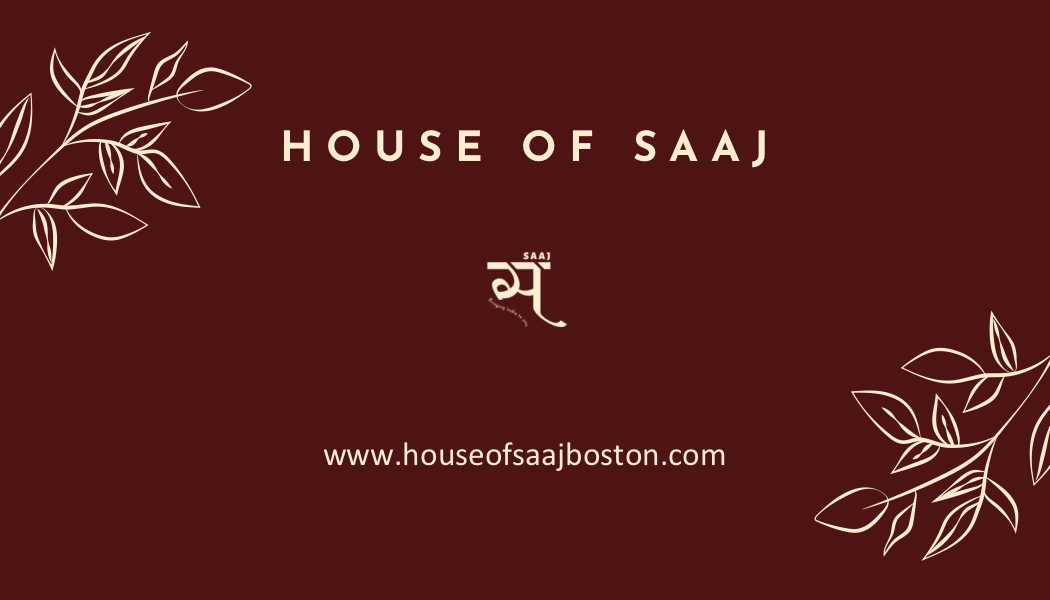 House of Saaj logo with website URL on a maroon background