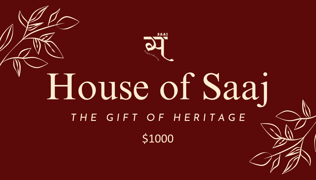 Logo of 'House of Saaj' with decorative elements on a maroon background