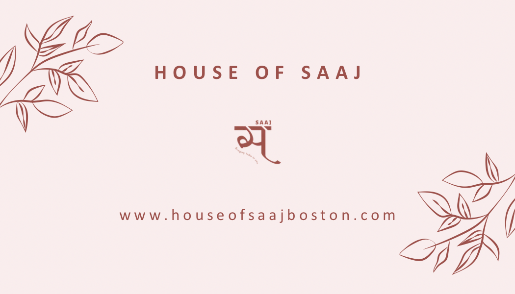 Logo and branding for 'House of SaaJ' with decorative elements on a light pink background.