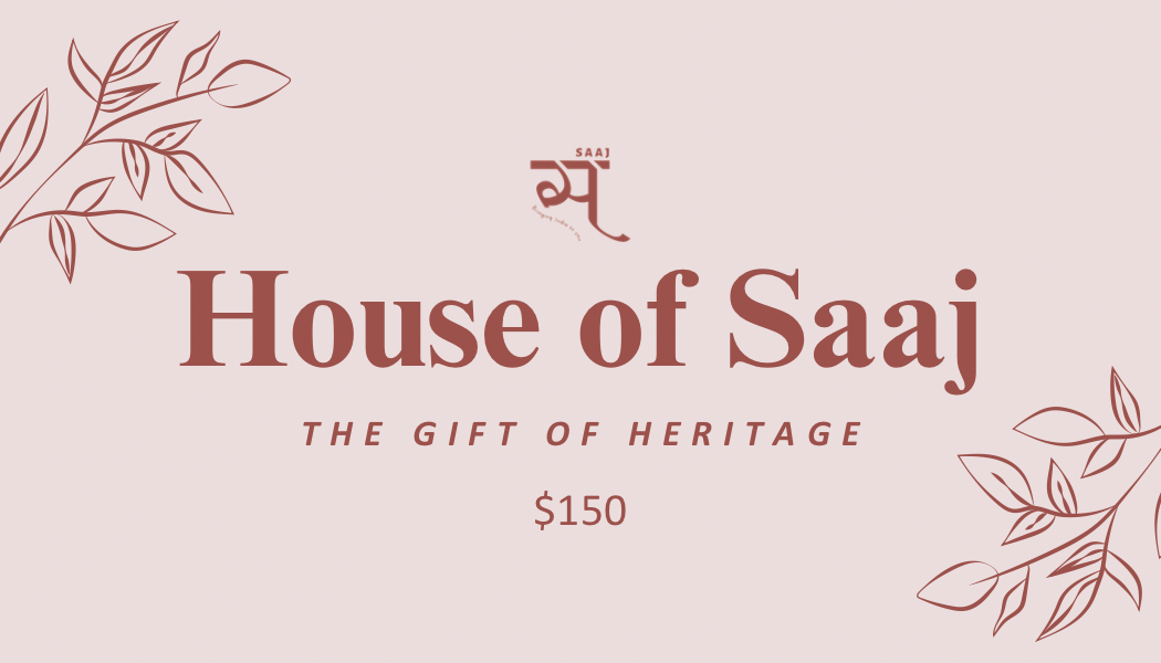 Promotional graphic for 'House of Saaj' with decorative elements on a light pink background.