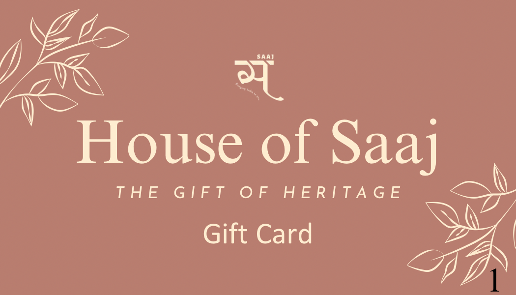 Gift card from House of Saaj with decorative elements on a brown background