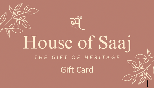 Gift card from House of Saaj with decorative elements on a brown background