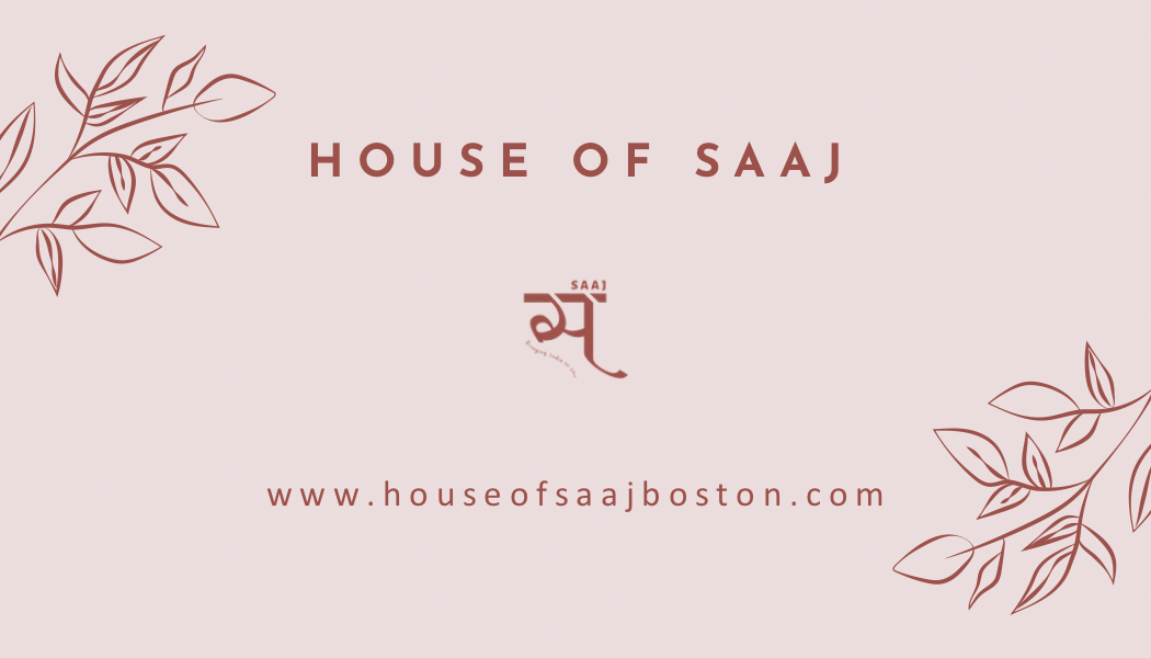 Logo and branding elements of 'House of Saaj' with decorative leaves on a light pink background.