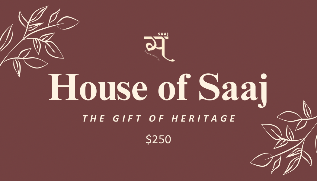 Promotional graphic for 'House of Saaj' with decorative elements on a brown background