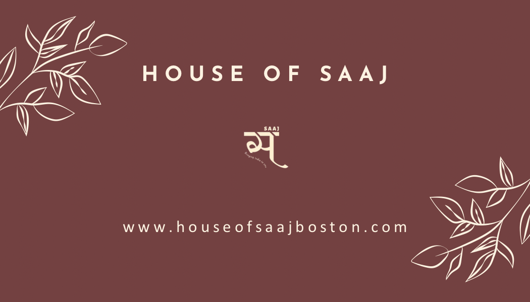 Logo and branding for House of Saaj on a maroon background with leaf designs.