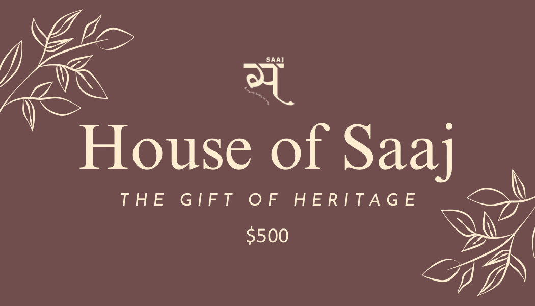 Logo and branding for 'House of Saaj' on a brown background with leaf designs.