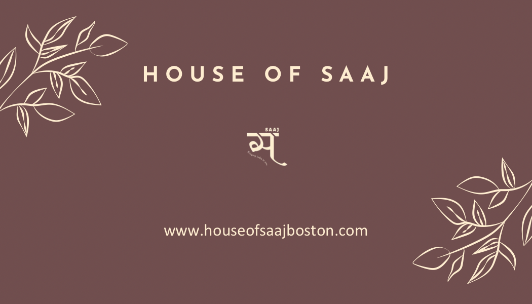 House of Saaj logo with website URL on a maroon background