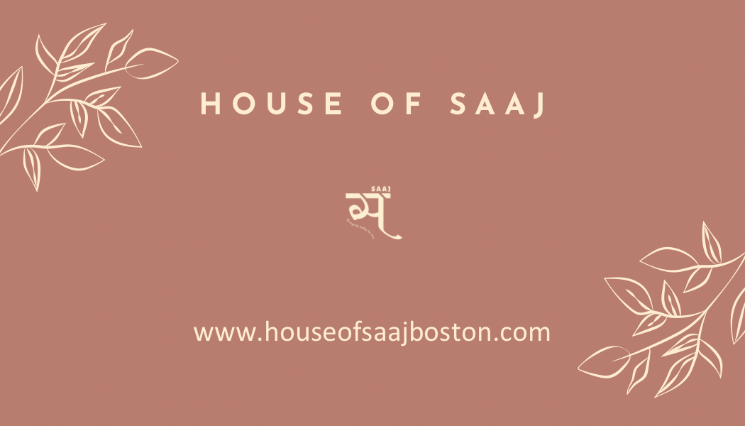 Logo and branding for 'House of Saaj' with a website URL on a pink background.