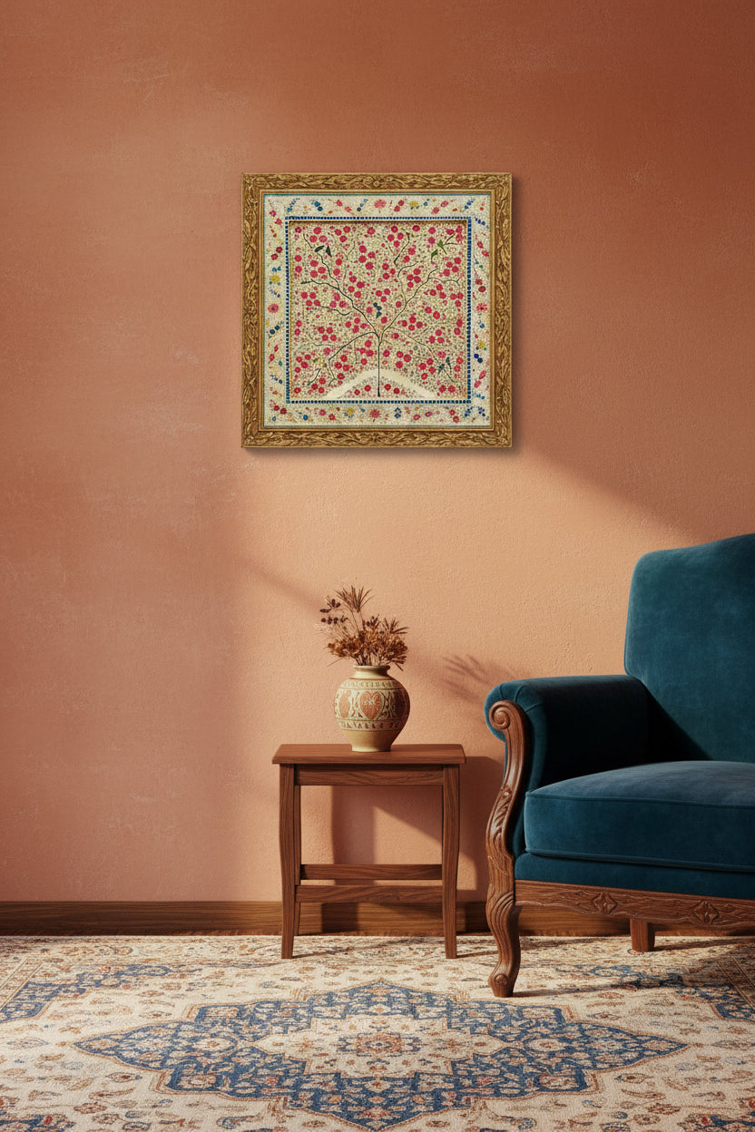 Decorative Kashmiri paper Mache tray artwork with a floral tree design on a dark blue background
