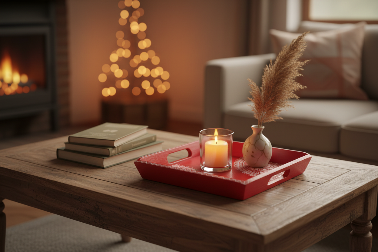 Red decorative tray with Aipan art white patterns on a gray background