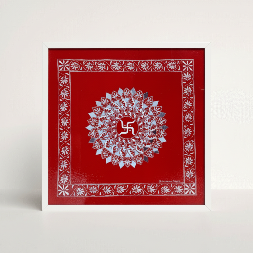 Red decorative Aipan artwork with white floral patterns and a central swastika symbol on a light gray background