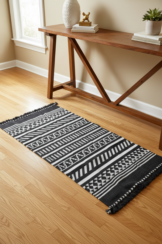 Black and white patterned Kutchi Kharad rug on a wooden floor with a wooden console table in the background.