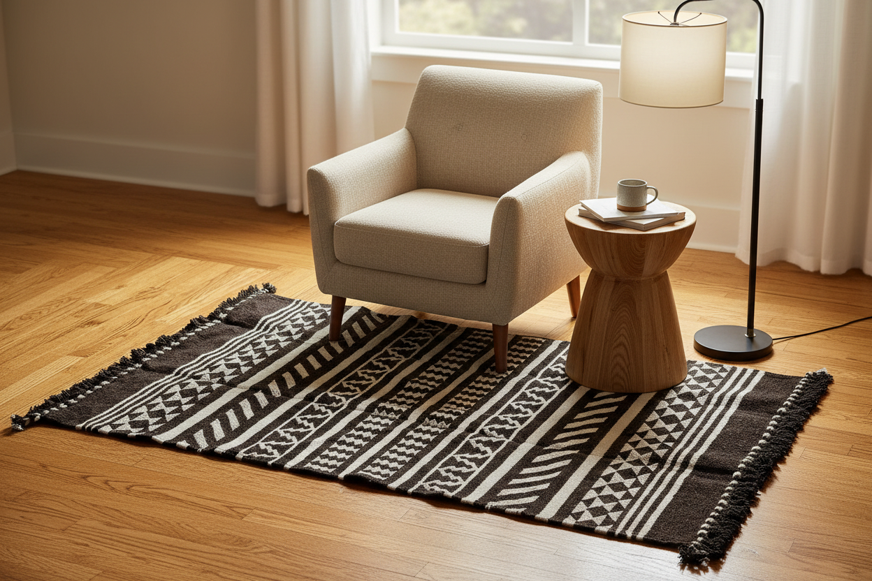 Beige armchair and wooden side table on a black and white patterned Kutchi Kharad rug in a room with a lamp and curtains.