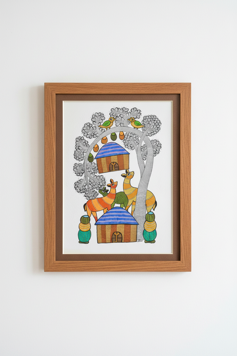 Large Gond Art Painting on Handmade Paper – Tree, Deer and Dwellings