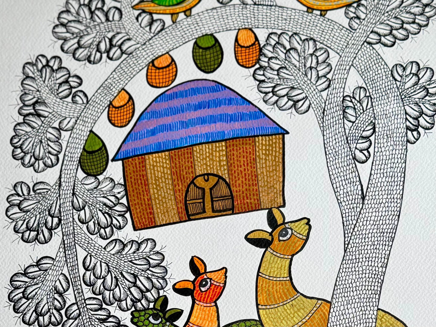 Large Gond Art Painting on Handmade Paper – Tree, Deer and Dwellings