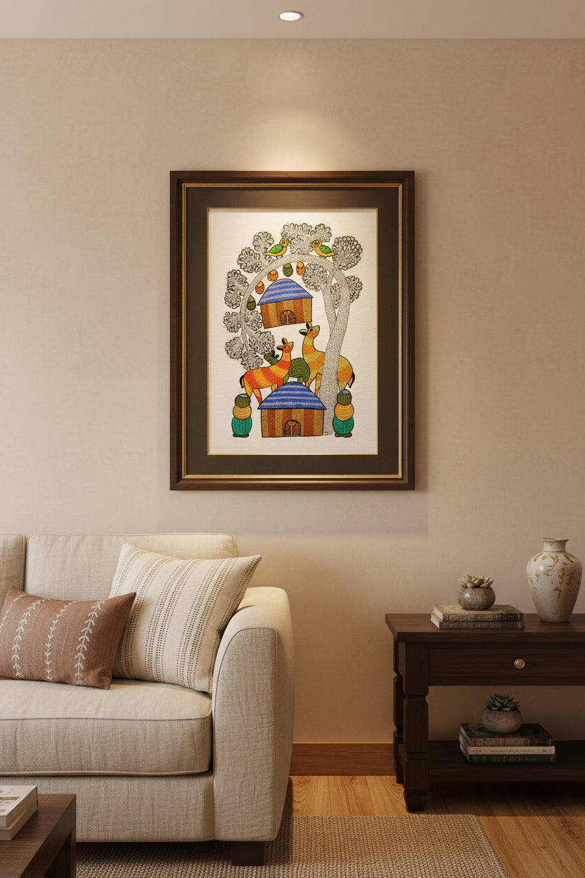 Colorful Gond art painting  of animals around a house with trees on a white background