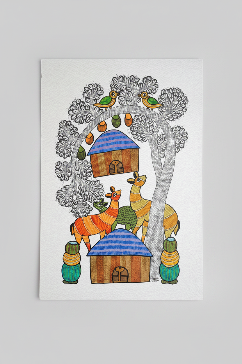Large Gond Art Painting on Handmade Paper – Tree, Deer and Dwellings