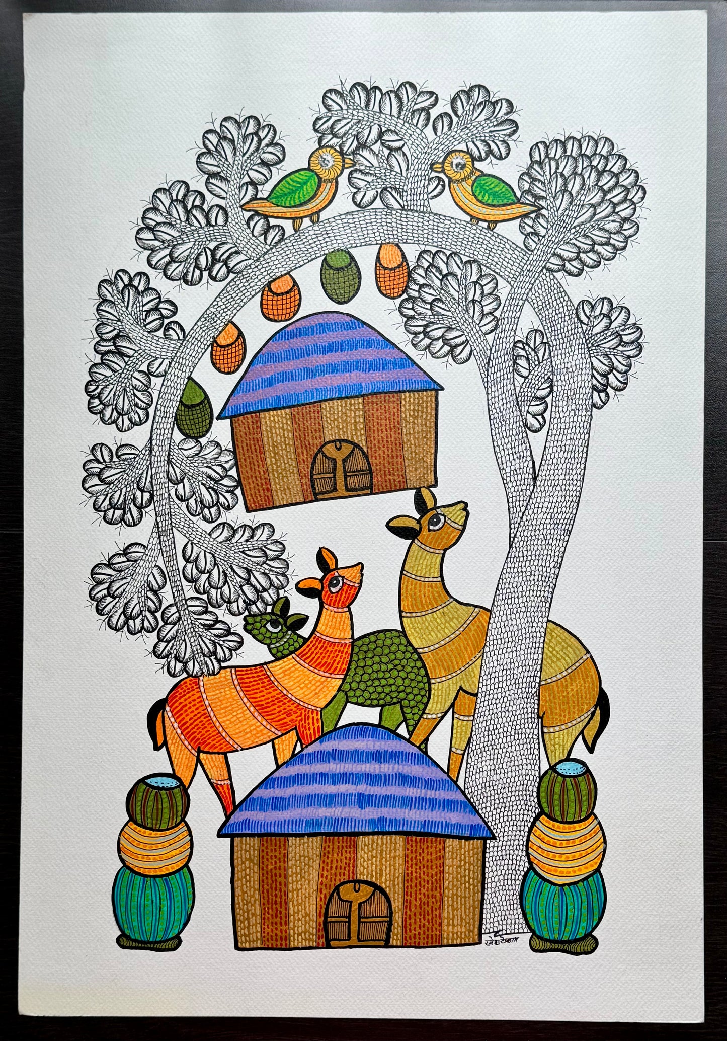 Large Gond Art Painting on Handmade Paper – Tree, Deer and Dwellings