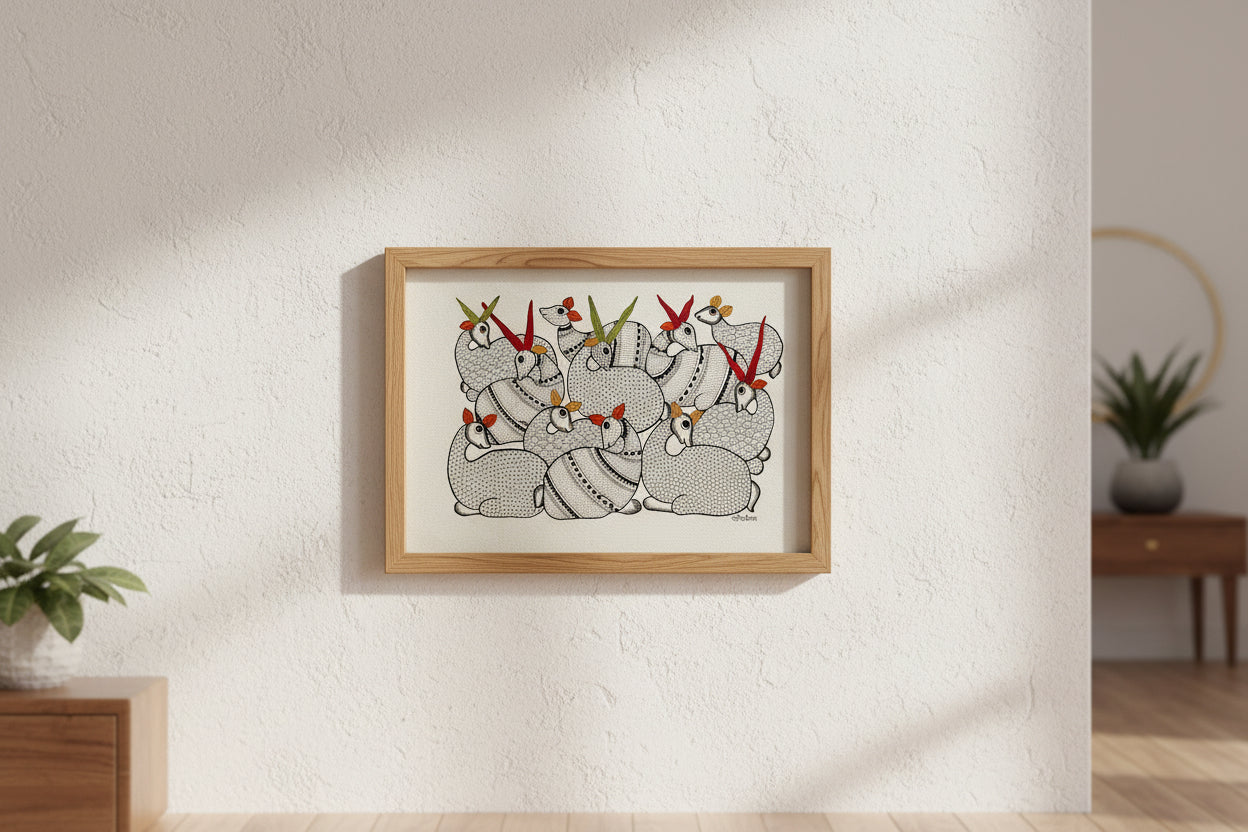 Gond Art painting of stylized animals with red and green accents on a white background
